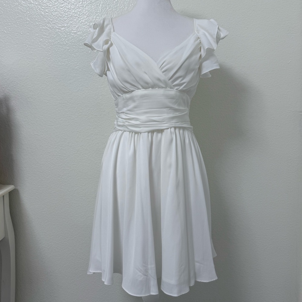 Selfie Leslie White Mini Dress with Ruffled Sleeves
